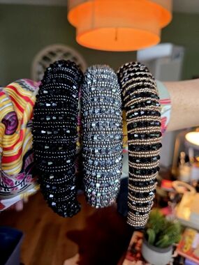 Beaded Padded Headbands Trio - Black, Silver, Gold